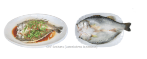 pre-processed open-back seabass, and a cooked steamed seabass; highlighting its nutrition, low-fat benefit, tender taste, and convenient preparation.