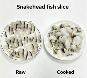 Raw vs Cooked Snakehead Fish Slice (Toman Slice), Frozen Boneless Snakehead Fish Slices for Hot Pot, Soup and Stir Fry